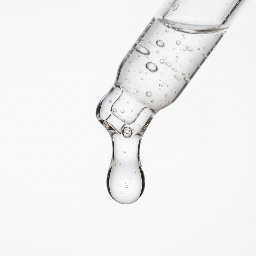 Close-up of niacinamide serum droplet showing lightweight glistening texture