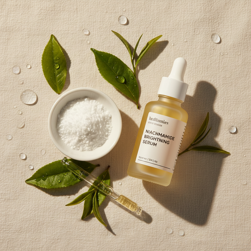 Niacinamide serum ingredients flat lay with green tea and botanicals on linen